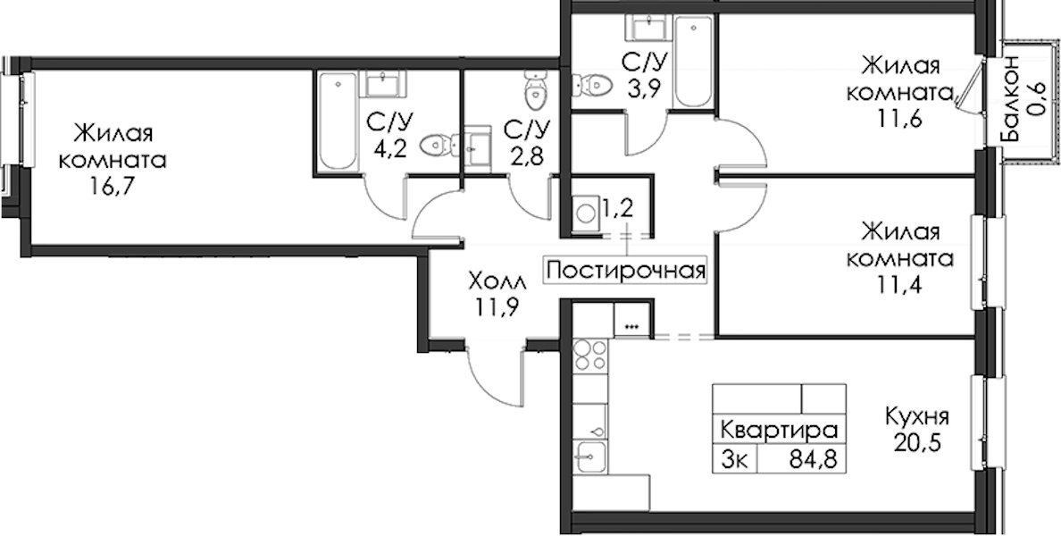 3-комнатная квартира 84.8 м², 7/12 эт., ЖК «Шкиперский 19»
